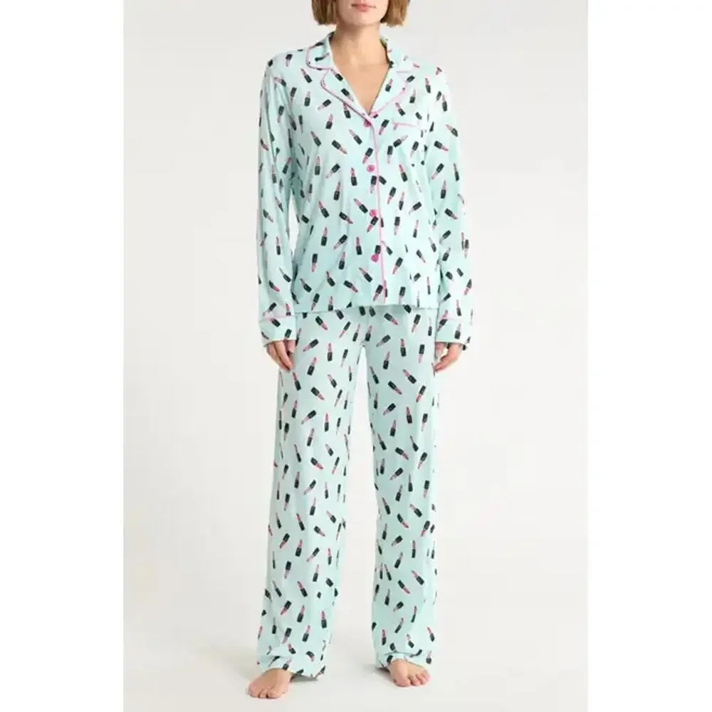 NWT! PJ Salvage Jersey Pajamas in Mint Lipstick Print Size Medium - Picture 1 of 4